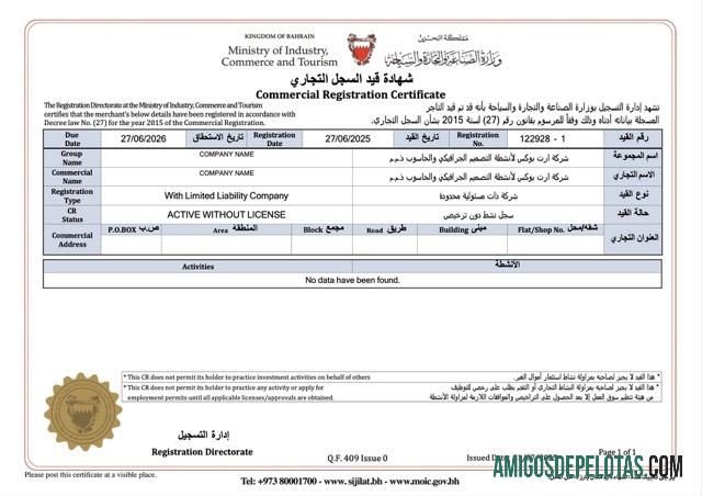 Modelo realista de certificado de registro comercial do Bahrein em Word e PDF